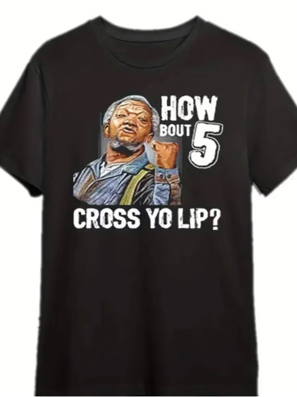 Graphic Black Tee with Retro Character and 'How Bout 5' Slogan